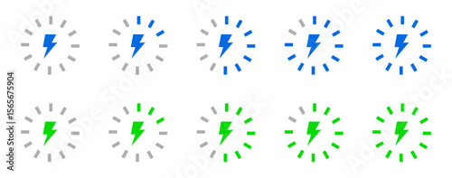 Battery charge level indicator icon set. Charging status, battery capacity from empty to full. Lightning energy level bar.