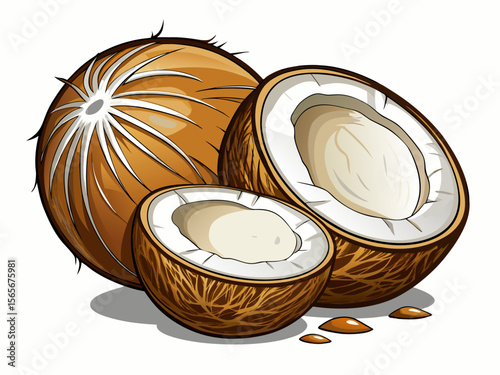 vector of Fresh sliced ​​coconut with great taste and chopped meats isolated on bright white background.