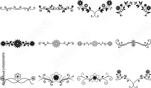 Elegant floral borders isolated on transparent background, Elegant floral Divider isolated on transparent background