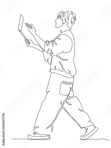 Young man walking and talking via laptop on the go. Side view. Continuous line drawing. Black and white vector illustration in line art style.