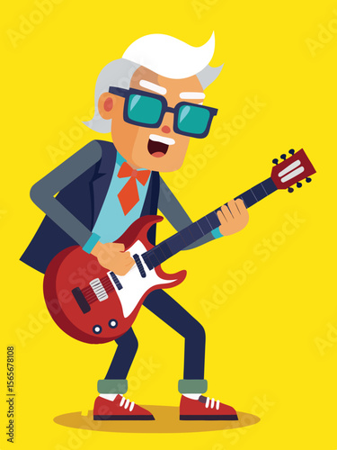 Grandpa playing electric guitar with sunglasses, showcasing a rockstar vibe, filmed by a camera, flat vector illustration with vibrant colors and energetic atmosphere