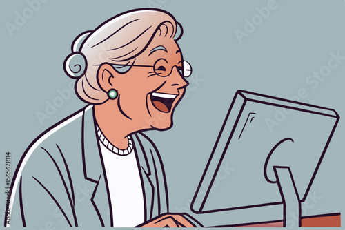 Elderly woman with glasses joyfully engaging with computer monitor, smiling broadly while reacting to online comments, showcasing excitement and connection in a digital environment