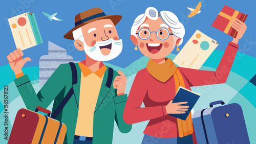 Elderly couple taking selfie with backpacks and travel map, displaying wide smiles in a vibrant flat illustration style, capturing joyful travel moments and adventure spirit