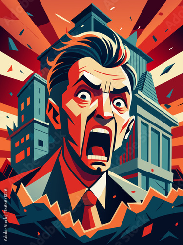 Man screaming in front of collapsing building with debris flying, stylized vector illustration showcasing chaos and urgency in a dramatic urban environment