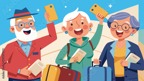 Senior travelers with suitcases and boarding passes, smiling and excited, ready for adventure, showcasing joy and anticipation in vibrant travel atmosphere