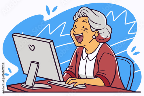 Granny streamer with excitement on her face reacts joyfully to comments while looking at the monitor, showcasing a vibrant atmosphere of online engagement and connection