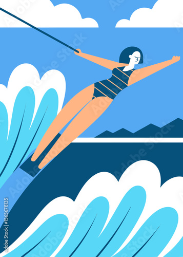 Woman water skiing in vibrant flat illustration, arms outstretched, creating a splash, with dynamic waves and a bright blue sky, showcasing action and excitement in water sports