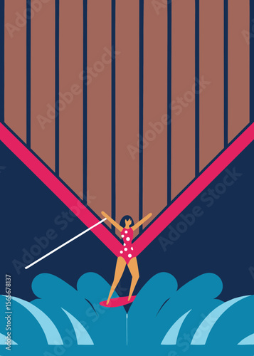 Woman water skiing in vibrant flat illustration, arms stretched wide, creating a splash behind, showcasing dynamic movement and energy in a colorful aquatic scene