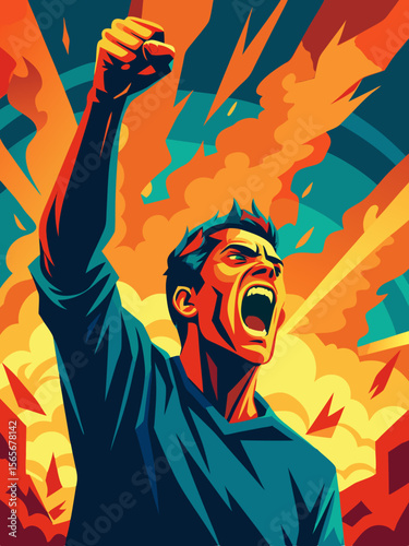 Man screaming into the sky with raised fist, surrounded by vibrant fire glow, stylized vector illustration capturing intense emotion and protest spirit with copy space