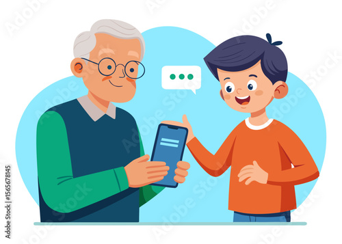 Boy assisting grandfather with smartphone, pointing at screen, showcasing intergenerational connection and technology use in a vibrant, engaging illustration with copy space