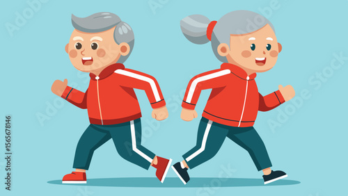 Elderly couple in matching tracksuits joyfully running together, showcasing fitness and vitality, with bright colors and cheerful expressions, embodying active lifestyle and companionship