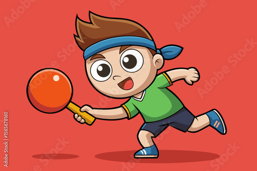 Animated ping-pong player with big eyes is smashing ball, showcasing dynamic movement and energy in a vibrant red background, emphasizing action and excitement