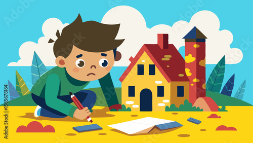 Child drawing peaceful home with crayons next to destroyed building, flat illustration style, showcasing contrast between innocence and reality, with copy space