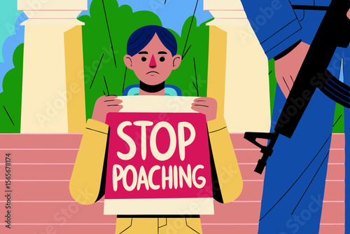 Child holding protest sign reading Stop Poaching stands in front of armed figure, illustrating the stark contrast between innocence and violence in a powerful visual narrative