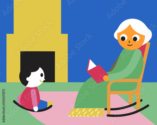 Elderly woman reading a book to her grandson in a cozy rocking chair, surrounded by a warm indoor atmosphere with soft textures and inviting colors, creating a nurturing environment