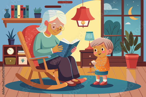 Elderly woman reading a book aloud to her grandson in a cozy rocking chair, surrounded by warm indoor lighting and inviting decor, creating a nurturing atmosphere for storytelling