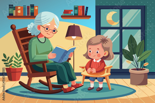 Elderly woman reading a book to her grandson in a cozy rocking chair, surrounded by plants and warm lighting, creating a nurturing indoor atmosphere for storytelling