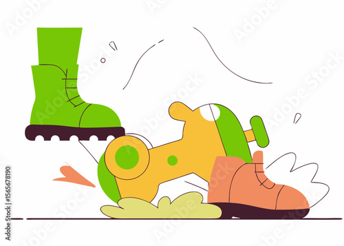 Broken child toy lies in dust with shadow of military boot nearby, symbolizing loss and the emotional impact of war on innocence and childhood