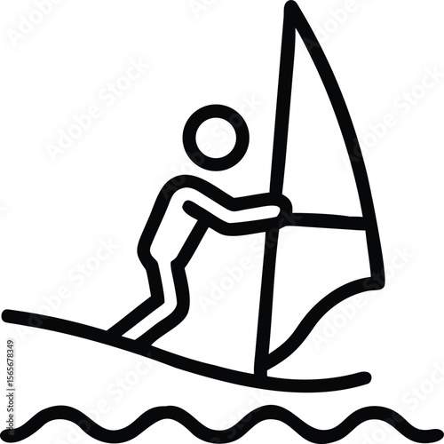 Simplified windsurfer icon on water with sail in line art