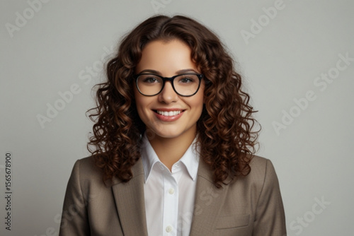 Portrait of a smiling woman with curly hair wearing glasses and a blazer in a professional setting created with generated ai