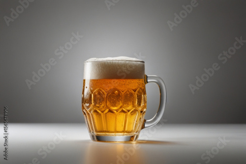 Close up shot of a full beer mug with thick white foam on top against a blurred grey background image created with generated ai