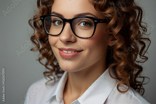 Portrait of a smiling woman with curly hair wearing black framed glasses and a white collared shirt created with generated ai