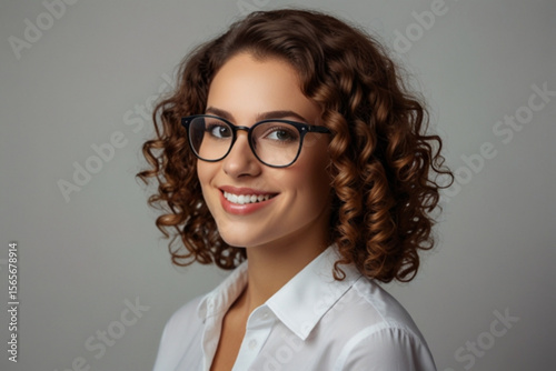 Portrait of a smiling woman with curly brown hair wearing glasses and a white button down shirt posing created with generated ai