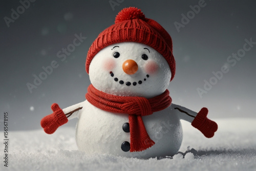 A cheerful snowman with red hat and scarf standing in a snowy landscape under a gray winter sky scene created with generated ai