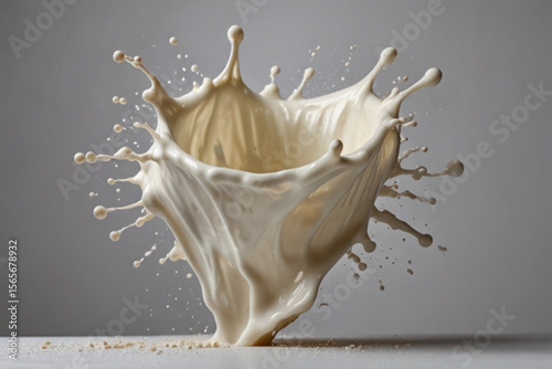 Close up of a dynamic milk splash with droplets suspended in the air on a neutral background scene created with generated ai