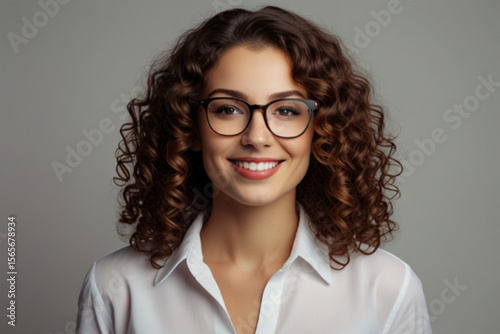 Portrait of a smiling woman with curly hair wearing glasses and a white shirt against a gray backdrop created with generated ai