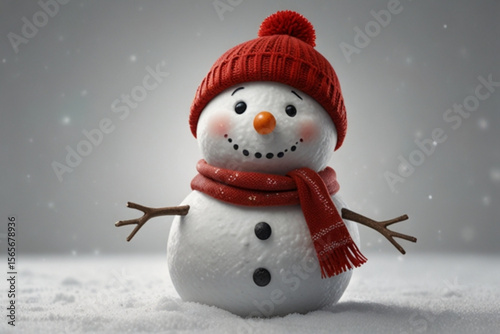 A cheerful snowman with a red knit hat and scarf stands in a snowy winter scene with a gentle snowfall created with generated ai