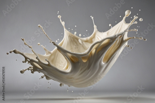 Close up shot of a creamy white liquid splash with droplets against a grey gradient background created with generated ai