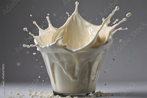 A glass of milk splashing and creating a crown with droplets around the glass on a neutral background created with generated ai