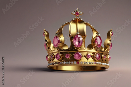 Close up of a golden crown adorned with pink gemstones and small white diamonds on a plain background created with generated ai