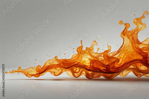A dynamic orange liquid splash with droplets on a light background creating a flowing abstract shape created with generated ai