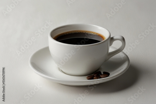 Aromatic black coffee in a white cup on a saucer with coffee beans on a white surface in soft lighting created with generated ai