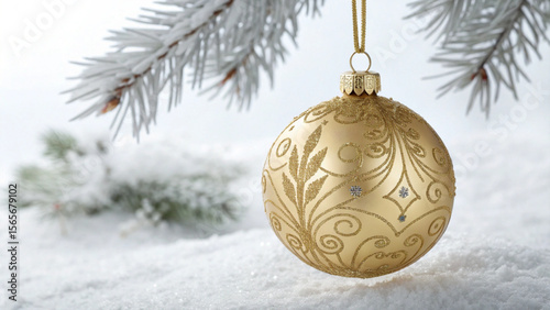 Ornament hanging from a snow covered branch with intricate gold designs and a festive winter background created with generated ai