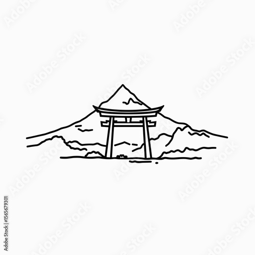 Outline of a traditional Japanese torii gate with mountains in background  