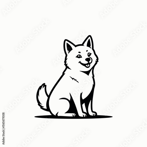 Happy cartoon dog sitting and smiling in black and white illustration  