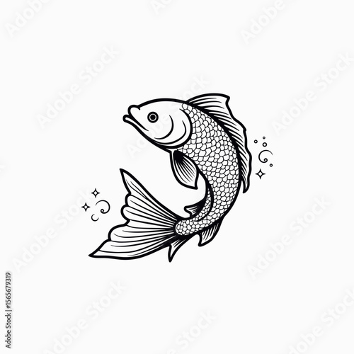 Black and white illustration of a koi fish swimming gracefully  