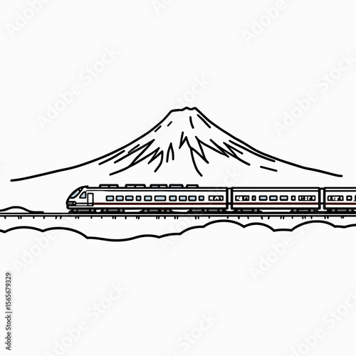 Train traveling past Mount Fuji in minimalist black and white style  