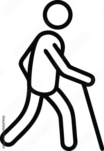 Stick figure hiking with trekking pole in minimalist line art style
