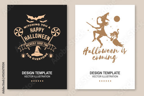 Halloween is coming flyer, poster, banner design. Vector. For holiday Halloween design, shirt, logo, badges, cards, with wizard hat, spiders, bats, candys, flying witch on a broomstick and cat