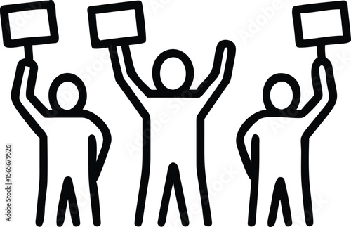 Stick figures protesting with signs, arms raised in the air icon illustration