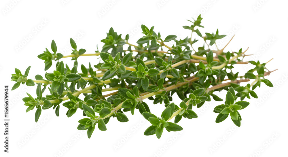 Fresh thyme sprigs arranged artistically on a clean surface, showcasing vibrant green leaves and delicate stems Fresh thyme sprigs arranged artistically on a clean surface, showcasing vibrant green leaves and delicate stems