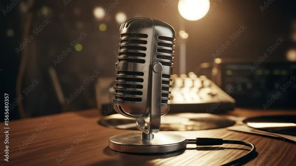 Vintage microphone in a recording studio with sound mixer and vinyl records