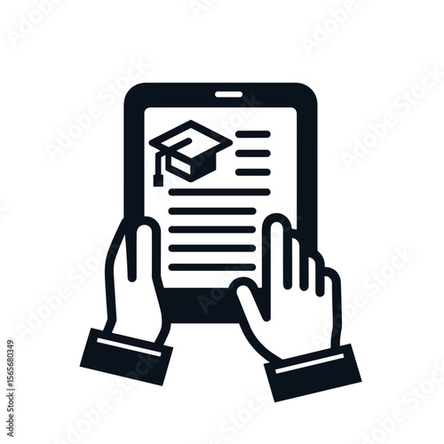 Hands holding student tablet icon with graduation cap symbolizing education on transparent background