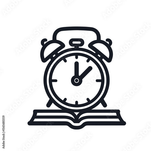 Alarm clock icon standing on an open book representing time management and study habits on transparent background