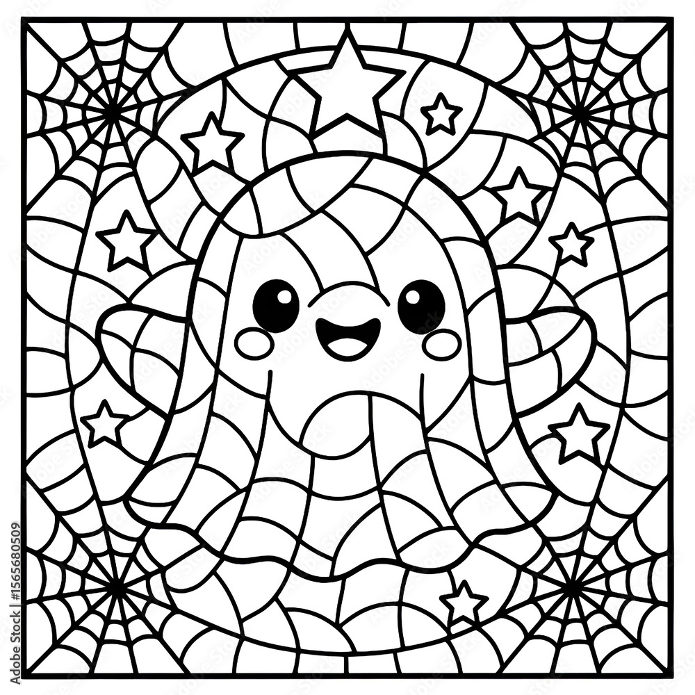 Fototapeta premium Cute Halloween Ghost Coloring Page with Stars and Spiderwebs