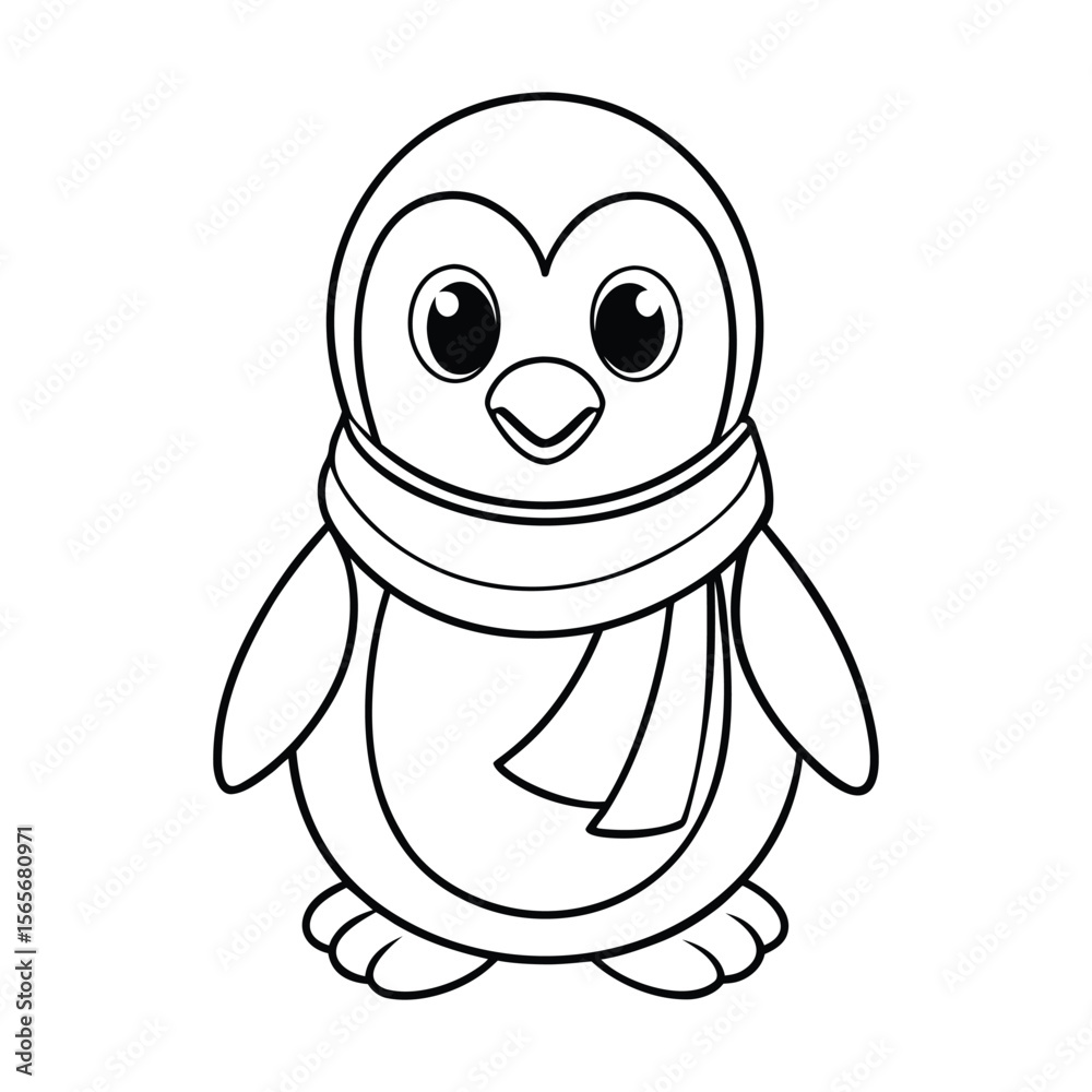Fototapeta premium Baby penguin wearing scarf with adorable look for kids coloring book Vector illustration